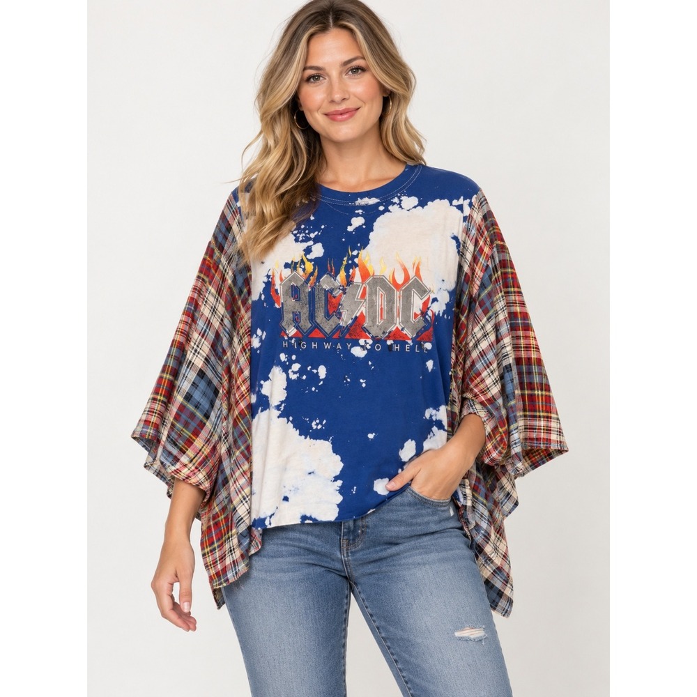 AC/DC Highway to He!! Upcycled Bleach Splatter Boho Bell Sleeve Top One Size